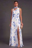 A Line Blue Floral One Shoulder Ruched Long Bridesmaid Dress with Slit