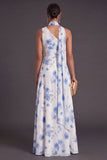 A Line Blue Floral One Shoulder Ruched Long Bridesmaid Dress with Slit