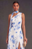 A Line Blue Floral One Shoulder Ruched Long Bridesmaid Dress with Slit