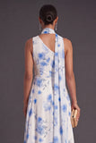 A Line Blue Floral One Shoulder Ruched Long Bridesmaid Dress with Slit