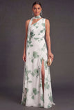 A Line Blue Floral One Shoulder Ruched Long Bridesmaid Dress with Slit