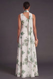 A Line Blue Floral One Shoulder Ruched Long Bridesmaid Dress with Slit