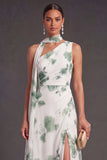 A Line Blue Floral One Shoulder Ruched Long Bridesmaid Dress with Slit