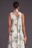 A Line Blue Floral One Shoulder Ruched Long Bridesmaid Dress with Slit