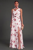 A Line Blue Floral One Shoulder Ruched Long Bridesmaid Dress with Slit