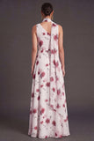 A Line Blue Floral One Shoulder Ruched Long Bridesmaid Dress with Slit