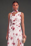 A Line Blue Floral One Shoulder Ruched Long Bridesmaid Dress with Slit
