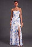Red Floral A Line Strapless Ruched Long Bridesmaid Dress with Slit