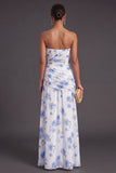 Red Floral A Line Strapless Ruched Long Bridesmaid Dress with Slit