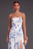 Red Floral A Line Strapless Ruched Long Bridesmaid Dress with Slit