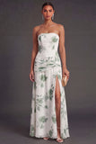 Red Floral A Line Strapless Ruched Long Bridesmaid Dress with Slit
