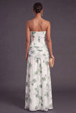 Red Floral A Line Strapless Ruched Long Bridesmaid Dress with Slit