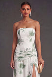 Red Floral A Line Strapless Ruched Long Bridesmaid Dress with Slit