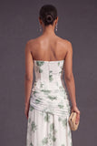 Red Floral A Line Strapless Ruched Long Bridesmaid Dress with Slit