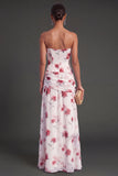 Red Floral A Line Strapless Ruched Long Bridesmaid Dress with Slit