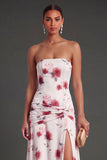 Red Floral A Line Strapless Ruched Long Bridesmaid Dress with Slit