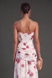 Red Floral A Line Strapless Ruched Long Bridesmaid Dress with Slit