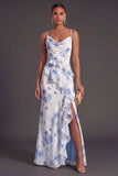 Blue Floral Mermaid Ruffled Long Bridesmaid Dress with Slit