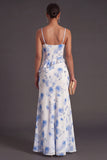 Blue Floral Mermaid Ruffled Long Bridesmaid Dress with Slit