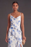 Blue Floral Mermaid Ruffled Long Bridesmaid Dress with Slit