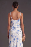 Blue Floral Mermaid Ruffled Long Bridesmaid Dress with Slit