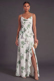 Blue Floral Mermaid Ruffled Long Bridesmaid Dress with Slit