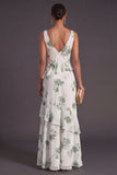 Blue Floral Mermaid Ruffled Long Bridesmaid Dress with Slit