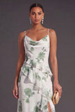 Blue Floral Mermaid Ruffled Long Bridesmaid Dress with Slit
