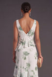 Blue Floral Mermaid Ruffled Long Bridesmaid Dress with Slit