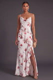 Blue Floral Mermaid Ruffled Long Bridesmaid Dress with Slit