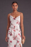 Blue Floral Mermaid Ruffled Long Bridesmaid Dress with Slit