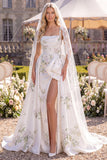 White Green Floral A Line Satin Thick Straps Floor-Length Wedding Dress with Veils
