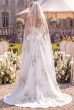 White Green Floral A Line Satin Thick Straps Floor-Length Wedding Dress with Veils