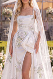 White Green Floral A Line Satin Thick Straps Floor-Length Wedding Dress with Veils