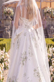 White Green Floral A Line Satin Thick Straps Floor-Length Wedding Dress with Veils