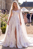 A Line Floral Corset White Purple Floor-Length Wedding Dress with Veils
