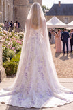 A Line Floral Corset White Purple Floor-Length Wedding Dress with Veils