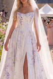 A Line Floral Corset White Purple Floor-Length Wedding Dress with Veils