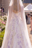 A Line Floral Corset White Purple Floor-Length Wedding Dress with Veils