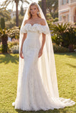 White Mermaid Floral Lace Sweep Train Wedding Dress with Veils