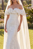 White Mermaid Floral Lace Sweep Train Wedding Dress with Veils