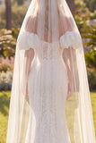 White Mermaid Floral Lace Sweep Train Wedding Dress with Veils