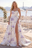 White Purple Floral A Line Sweetheart Floor-Length Wedding Dress with Slit