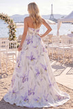 White Purple Floral A Line Sweetheart Floor-Length Wedding Dress with Slit