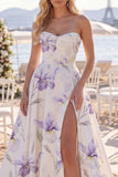 White Purple Floral A Line Sweetheart Floor-Length Wedding Dress with Slit