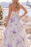 White Purple Floral A Line Sweetheart Floor-Length Wedding Dress with Slit