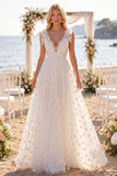 White A Line Floral Embroidered Long Wedding Dress