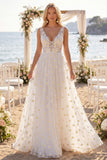 White A Line Floral Embroidered Long Wedding Dress