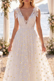 White A Line Floral Embroidered Long Wedding Dress