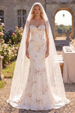 White Red Flower Corset Sweetheart Sweep Train Wedding Dress